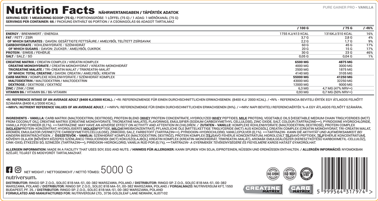 Nutriversum Pure Gainer Pro-71Serv.-5000G-